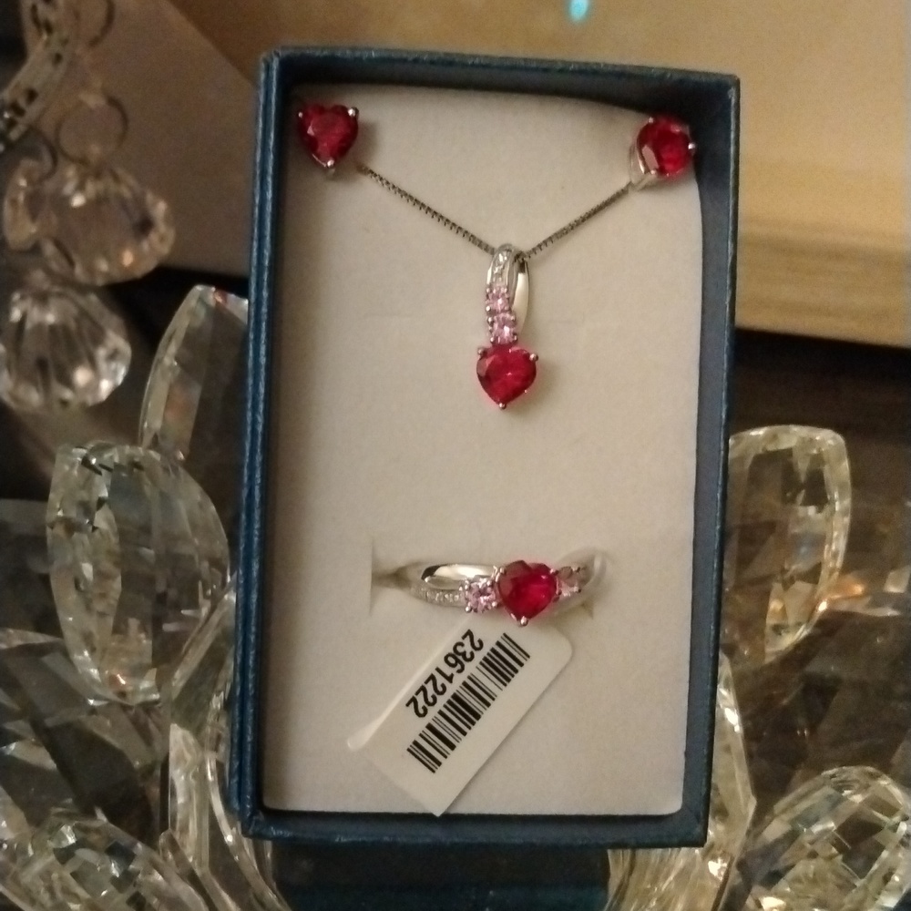 Sterling Silver Heart Necklace, Earring and Ring Set